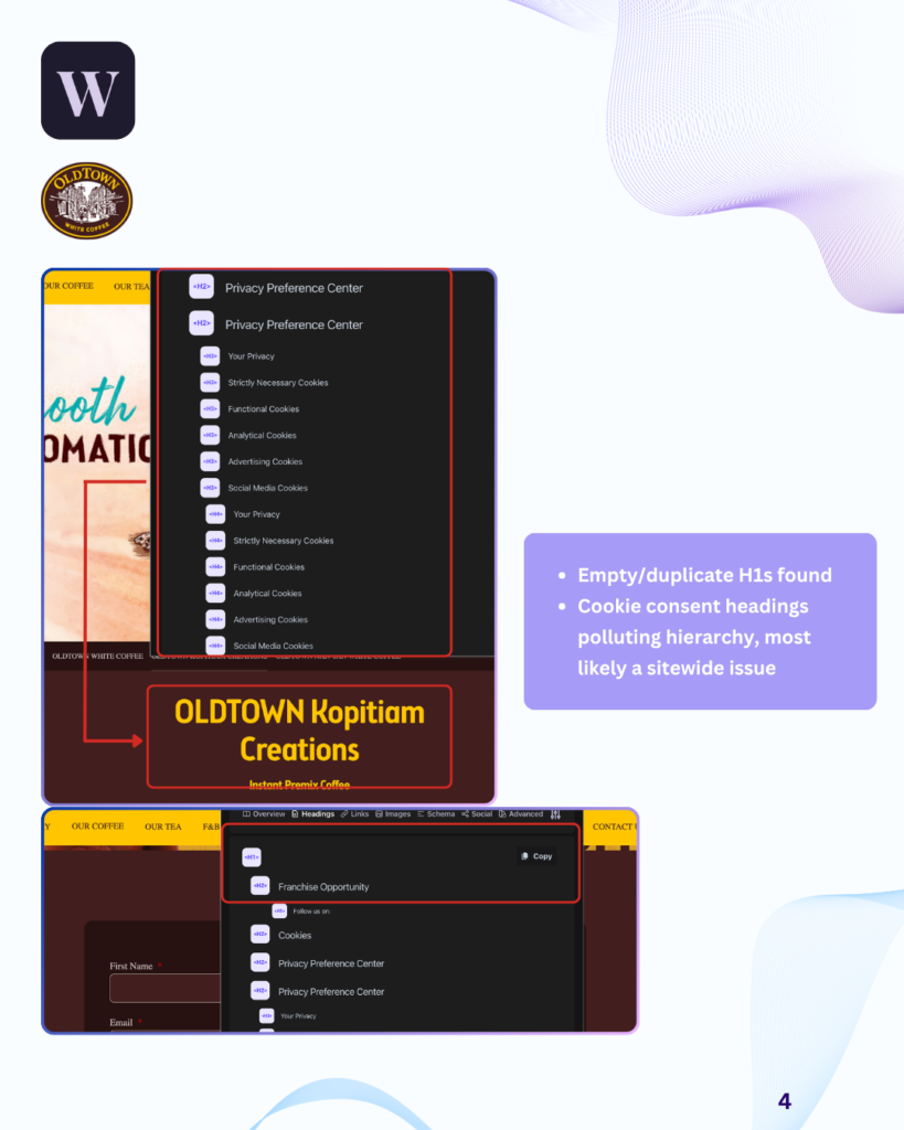 OldTown White Coffee empty H1 and cookie consent headings clutter