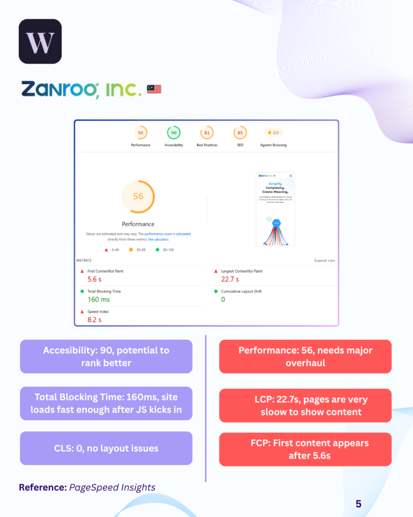 PageSpeed Insights report for Zanroo showing Core Web Vitals scores