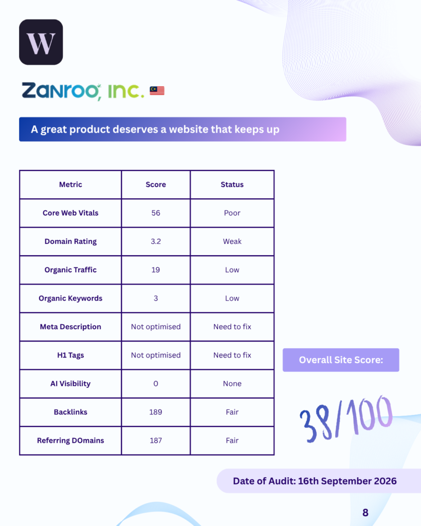Zanroo overall site audit summary showing a final score of 38 out of 100