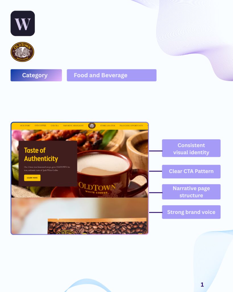 OldTown White Coffee homepage with consistent branding and CTA