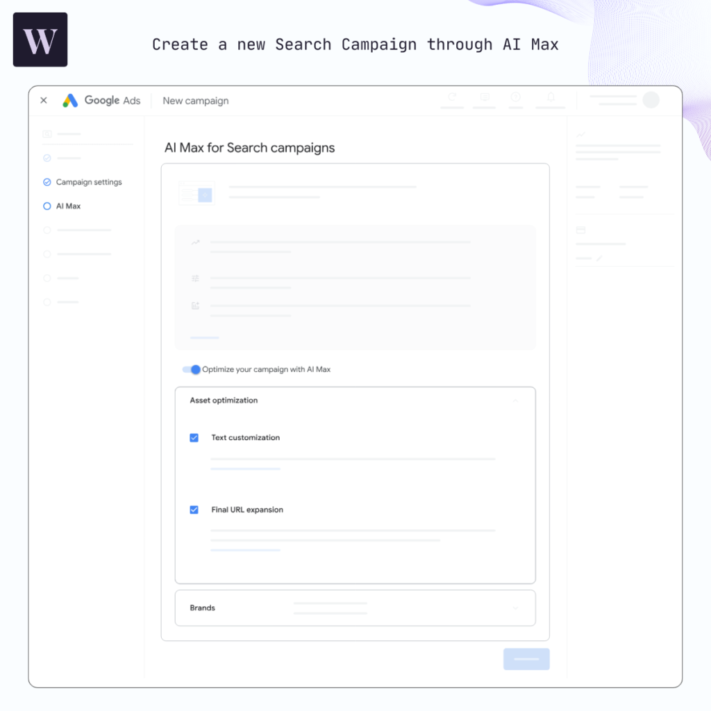 Google Ads AI Max for Search settings with Asset optimization options enabled by default